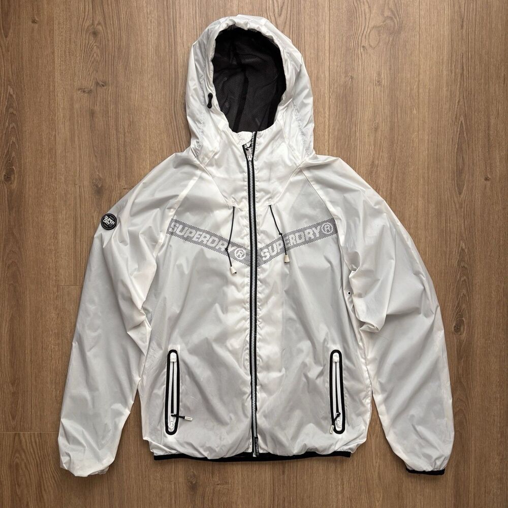 Super Dry Mens Storm Windbreaker Jacket Mens Size L Full Zip Logo White Hooded